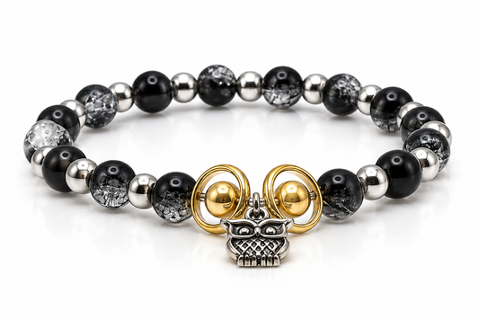Wisdom in Every Step Bracelet | Black Glass Bead Owl Charm Bracelet