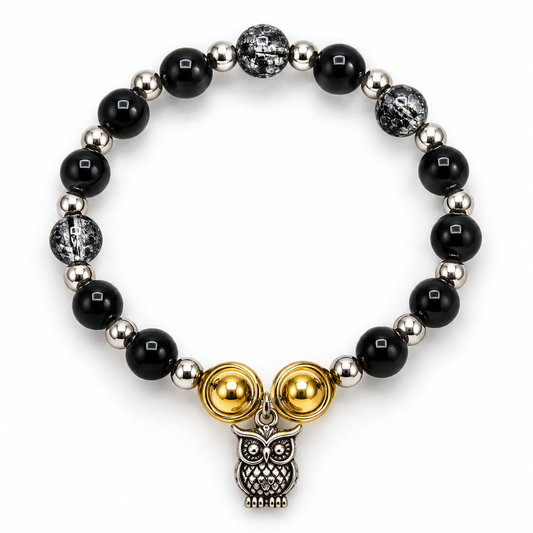 Wisdom in Every Step Bracelet | Black Glass Bead Owl Charm Bracelet