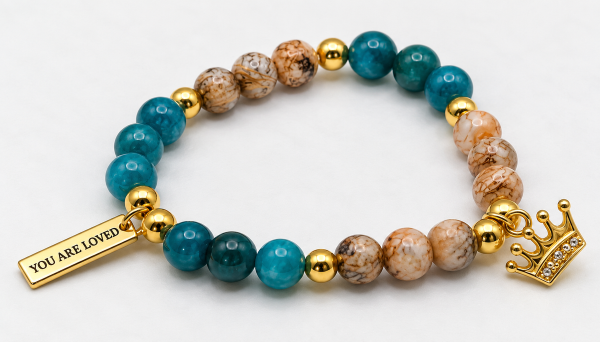Crowned & Loved – Turquoise & Earth-Tone Charm Bracelet