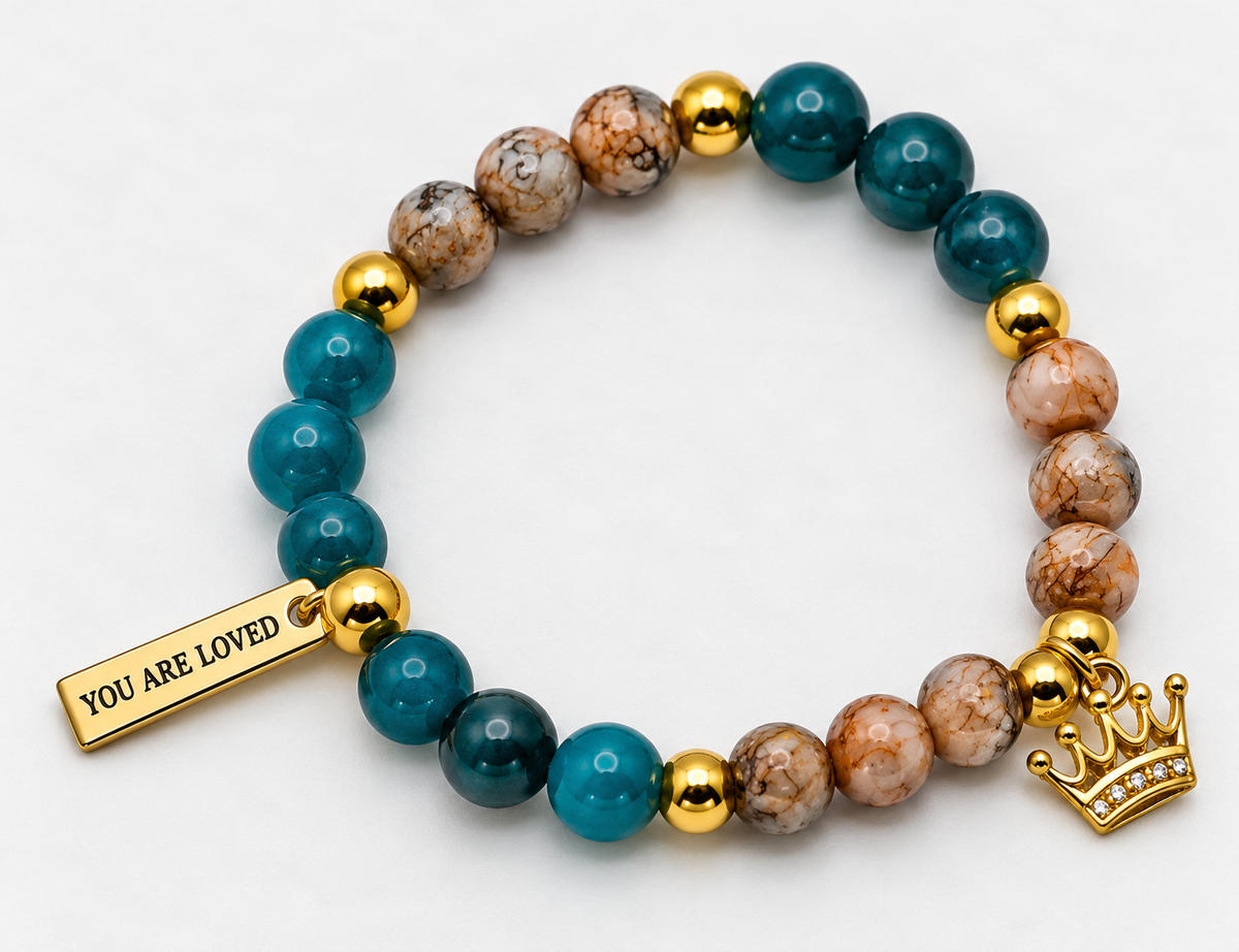 Crowned & Loved – Turquoise & Earth-Tone Charm Bracelet