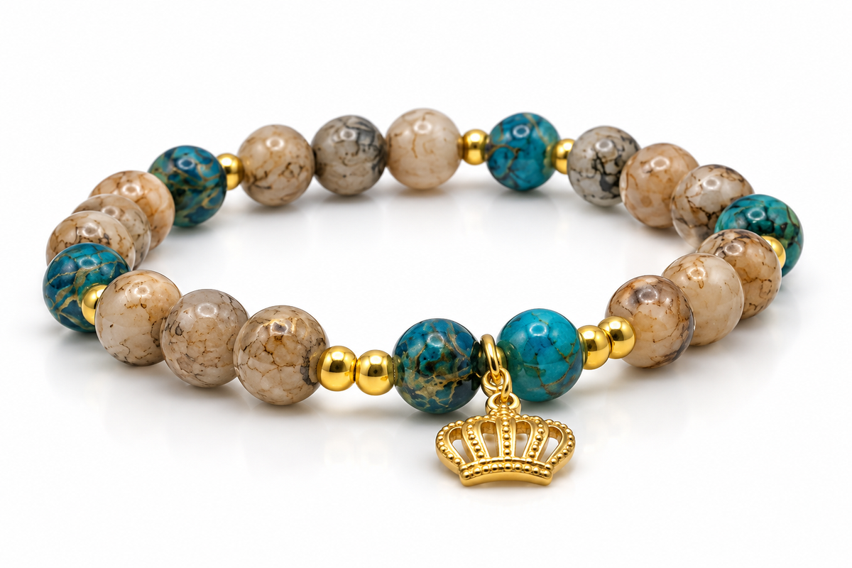 Crowned in Purpose Bracelet | Apatite Gemstone & Glass Bead Crown Charm Bracelet